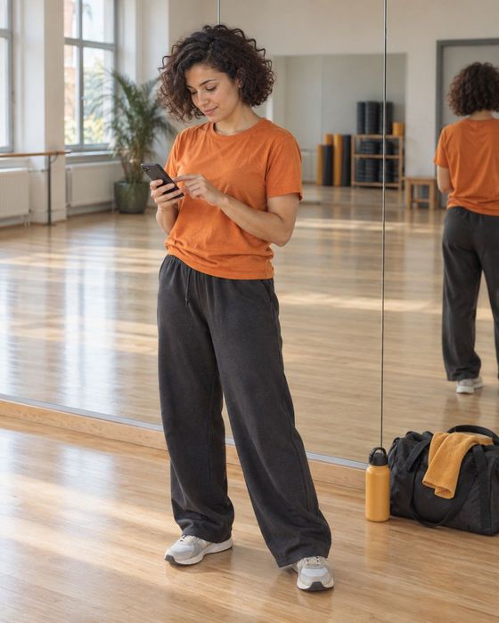 Eine Trainerin wartet im Saal auf ihre Teilnehmenden und schaut auf ihr Handy